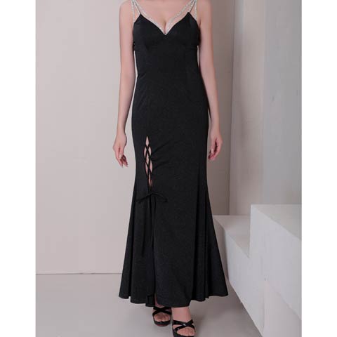 8/14再入荷![GLAMOROUS by Andy]ビジューコードスリットストリングタイトロングキャバドレス[GMS-V862](ブラック-Sサイズ)