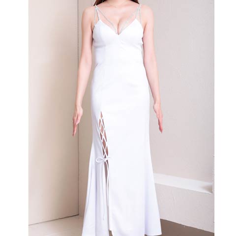 8/14再入荷![GLAMOROUS by Andy]ビジューコードスリットストリングタイトロングキャバドレス[GMS-V862](ホワイト-Sサイズ)