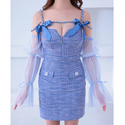 2/12再入荷!【ポイント20倍】[an]ツイードリボンチェーン2wayチュール長袖タイトミニ丈キャバドレス[AOC-3830 ](ブルー-Sサイズ)