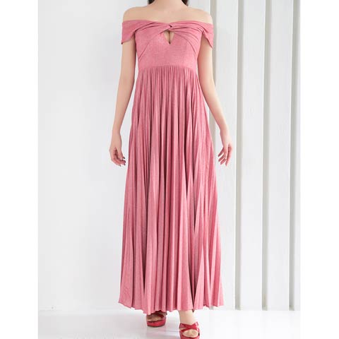 7/24再入荷![GLAMOROUS by Andy]ツイストギャザーオフショルプリーツAラインロングドレス[GMS-V864](ピンクレッド-Sサイズ)