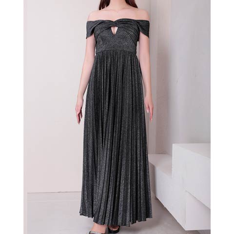 7/24再入荷![GLAMOROUS by Andy]ツイストギャザーオフショルプリーツAラインロングドレス[GMS-V864](ブラック-Sサイズ)