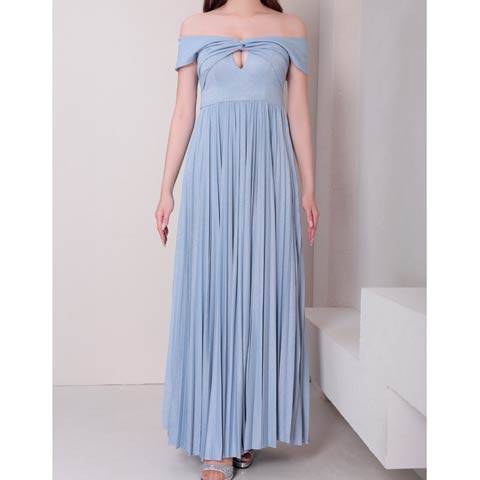 2/12再入荷![GLAMOROUS by Andy]ツイストギャザーオフショルプリーツAラインロングキャバドレス[GMS-V860](ブルー-Sサイズ)