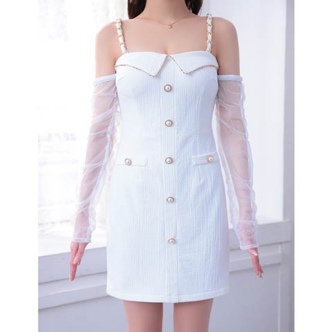 5/15再入荷![an]ワッフルパールボタンビジューチェーン2wayチュール長袖タイトミニドレス[AOC-3843](ホワイト-Sサイズ)