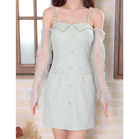 5/15再入荷![an]ワッフルパールボタンビジューチェーン2wayチュール長袖タイトミニドレス[AOC-3843](ミント-Sサイズ)