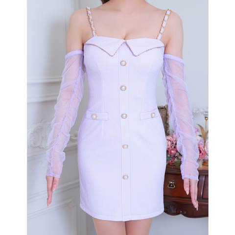 5/15再入荷![an]ワッフルパールボタンビジューチェーン2wayチュール長袖タイトミニドレス[AOC-3843](ラベンダー-Sサイズ)