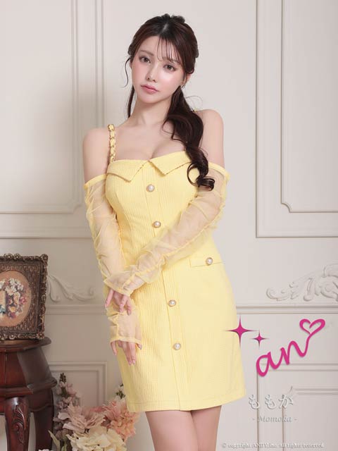 8/14再入荷![an]ワッフルパールボタンビジューチェーン2wayチュール長袖タイトミニ丈キャバドレス[AOC-3843]