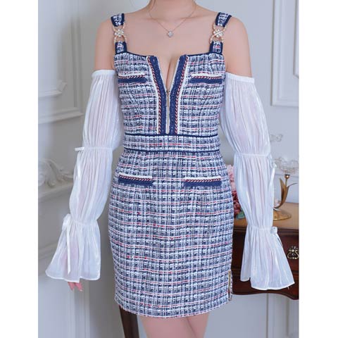 【ポイント20倍】[an]ミックスツイードジップ2wayプリーツシフォン袖タイトミニドレス[AOC-3872](ネイビー-Sサイズ)