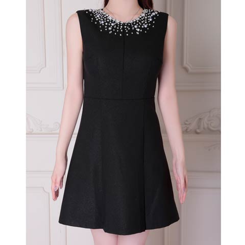 8/14再入荷![an]バックオープンビジューファスナーAラインミニ丈キャバドレス[AOC-3874](ブラック-XSサイズ)