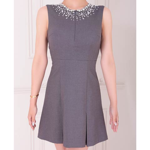 8/14再入荷![an]バックオープンビジューファスナーAラインミニ丈キャバドレス[AOC-3874](グレー-XSサイズ)