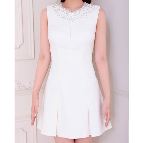 8/14再入荷![an]バックオープンビジューファスナーAラインミニ丈キャバドレス[AOC-3874](ホワイト-XSサイズ)