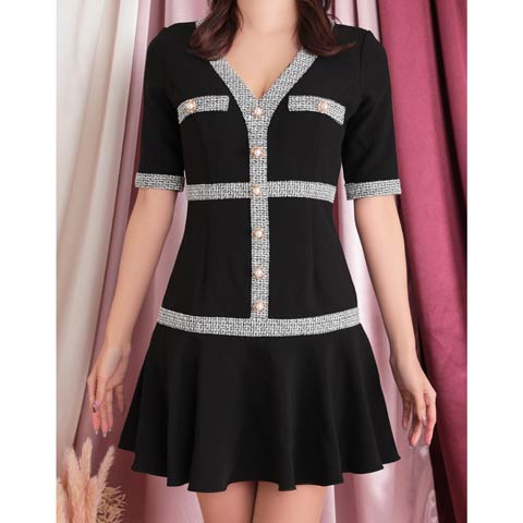 [an]ツイードパイピングラインパールボタンビジュー半袖Aラインミニ丈キャバドレス[AOC-3341](ブラック-Sサイズ)