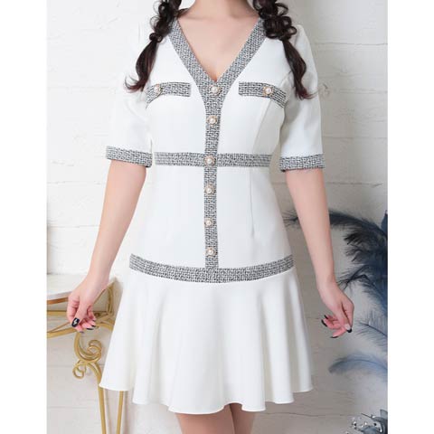 [an]ツイードパイピングラインパールボタンビジュー半袖Aラインミニ丈キャバドレス[AOC-3341](ホワイト-Sサイズ)