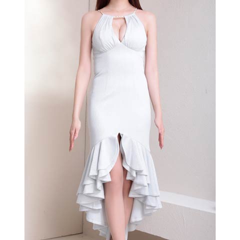 7/24再入荷![GLAMOROUS by Andy]グリッターアメスリホールフィッシュテール膝丈ドレス[GMS-V865](ホワイト-Sサイズ)