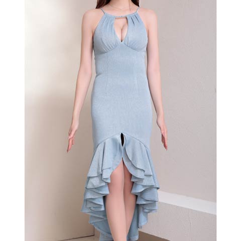 7/24再入荷![GLAMOROUS by Andy]グリッターアメスリホールフィッシュテール膝丈ドレス[GMS-V865](ブルー-Sサイズ)