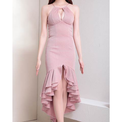 7/24再入荷![GLAMOROUS by Andy]グリッターアメスリホールフィッシュテール膝丈ドレス[GMS-V865](ピンク-Sサイズ)
