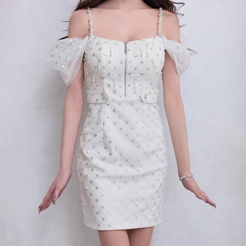 【ポイント20倍】[an]パールビジュースパンコールオフショルチュール袖タイトミニ丈キャバドレス[AOC-3865](ホワイト-Sサイズ)