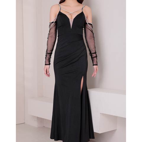 8/14再入荷![GLAMOROUS by Andy]ビジューライン2wayチュール袖付きスリットタイトロングキャバドレス[GMS-V861](ブラック-Sサイズ)