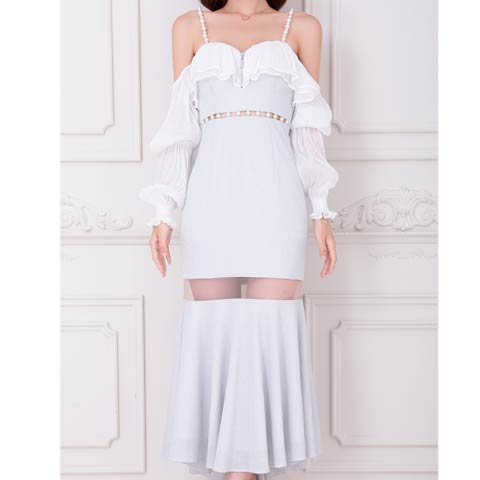 7/24再入荷![an]パールビジュー2wayジップフリル袖シアーマーメイドロングドレス[AOC-3863](ホワイト-Sサイズ)