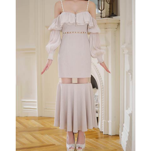 7/24再入荷![an]パールビジュー2wayジップフリル袖シアーマーメイドロングドレス[AOC-3863](ピンク×ベージュ-Sサイズ)