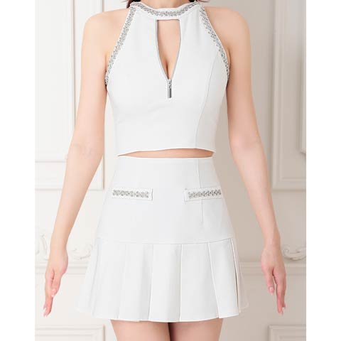 【ポイント20倍】[an]アメスリビジューフロントジッププリーツAラインミニセットアップ[AOC-3896](ホワイト-Sサイズ)