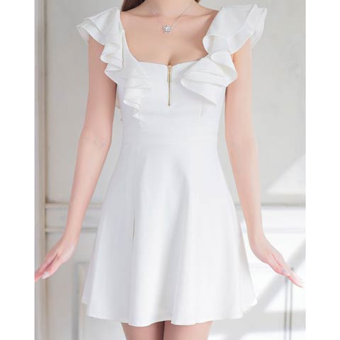 8/14再入荷![an]バックオープンリボンフリルAラインミニ丈キャバドレス[AOC-3880](ホワイト-Sサイズ)