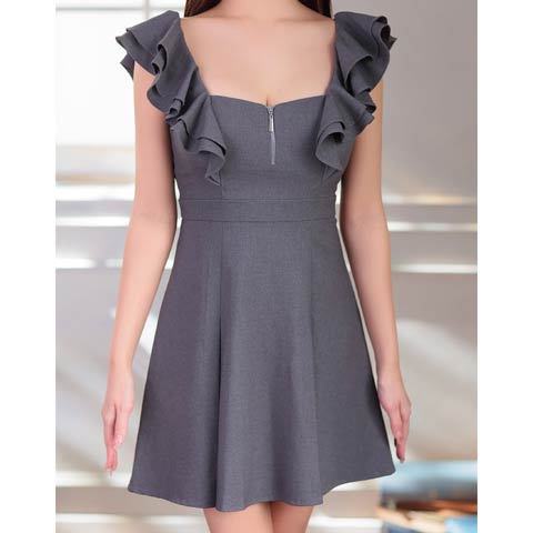 2/12再入荷![an]バックオープンリボンフリルAラインミニ丈キャバドレス[AOC-3880](グレー-Sサイズ)