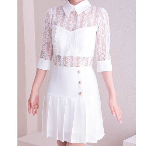 【ポイント20倍】[Andy]フラワーレースストライププリーツAラインミニドレス[AN-ON2697](ホワイト-Sサイズ)