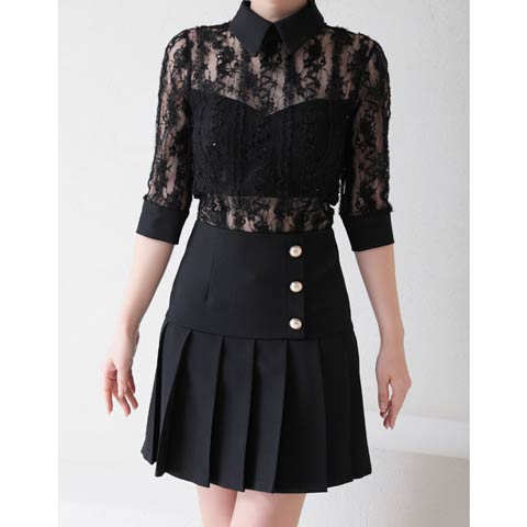 【ポイント20倍】[Andy]フラワーレースストライププリーツAラインミニドレス[AN-ON2697](ブラック-Sサイズ)