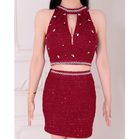 2/12再入荷!【ポイント20倍】[an]ツイードビジューラインジップアメスリタイトセットアップ[AOC-3894](レッド-Sサイズ)