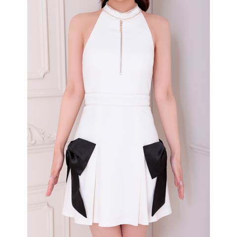 10/7再入荷!【ポイント20倍】[an]フロントジップホルターネックサイドリボンマーメイドミニ丈キャバドレス[AOC-3884](ホワイト×ブラック-XSサイズ)