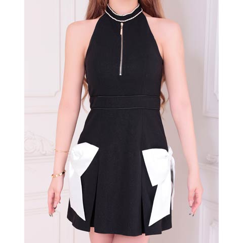 10/7再入荷!【ポイント20倍】[an]フロントジップホルターネックサイドリボンマーメイドミニ丈キャバドレス[AOC-3884](ブラック×ホワイト-XSサイズ)