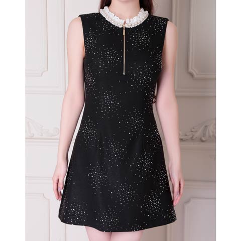 7/10再入荷![an]ノースリーブパールビジュージップバックホールAラインミニドレス[AOC-3881](ブラック-Sサイズ)