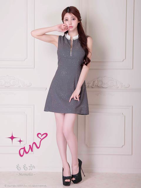 【ポイント20倍】[an]ノースリーブパールビジュージップバックホールAラインミニ丈キャバドレス[AOC-3881]