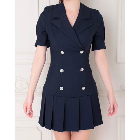 10/7再入荷!【ポイント20倍】[an]テーラードWボタンプリーツAラインミニ丈キャバドレス[AOC-3895](ネイビー-Sサイズ)