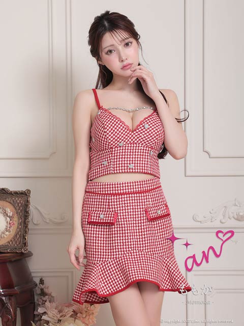 12/16再入荷![an]キャミソールツイードハートビジューマーメイドミニセットアップ[AOC-3858]