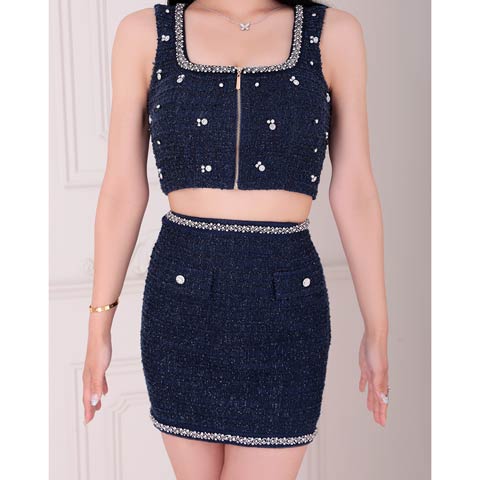 2/12再入荷![an]スクエアビジューツイードフロントジップタイトミニセットアップ[AOC-3893](ネイビー-Sサイズ)