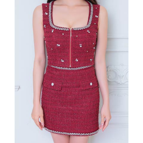 2/12再入荷![an]スクエアビジューツイードフロントジップタイトミニセットアップ[AOC-3893](レッド-Sサイズ)
