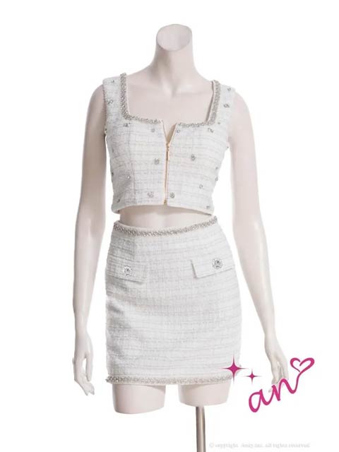 12/16再入荷![an]スクエアビジューツイードフロントジップタイトミニセットアップ[AOC-3893]