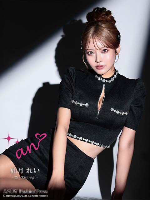 8/14再入荷!【ポイント20倍】[an]ハイネックビジューファスナー半袖タイトミニセットアップ[AOC-3902]