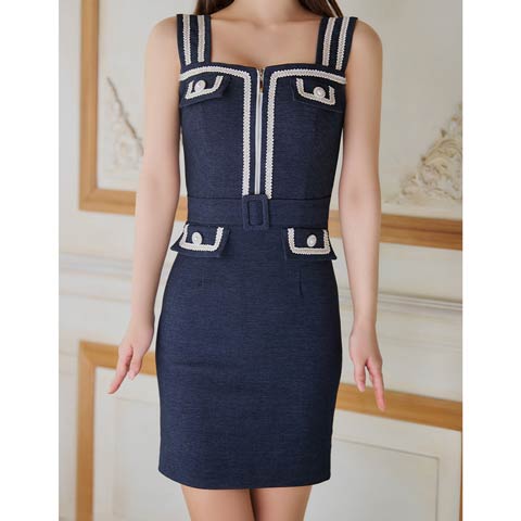 7/29再販!【ポイント20倍】[an]ノースリーブデニム風フロントジップパールボタンタイトミニ丈キャバドレス[AOC-3898](インディゴ-XSサイズ)