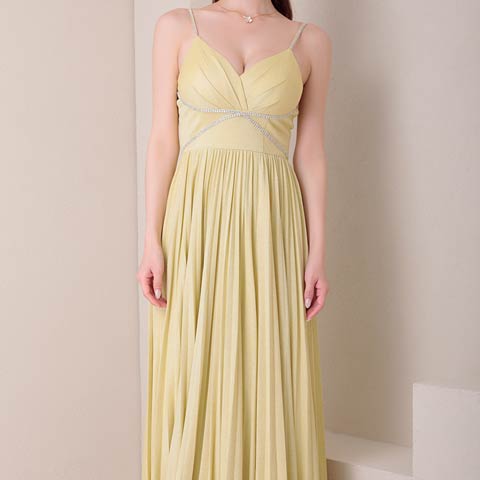 7/15再入荷![GLAMOROUS by Andy]キャミソールビジュースリットラメプリーツAラインロングドレス[GMS-V870](イエロー-Sサイズ)