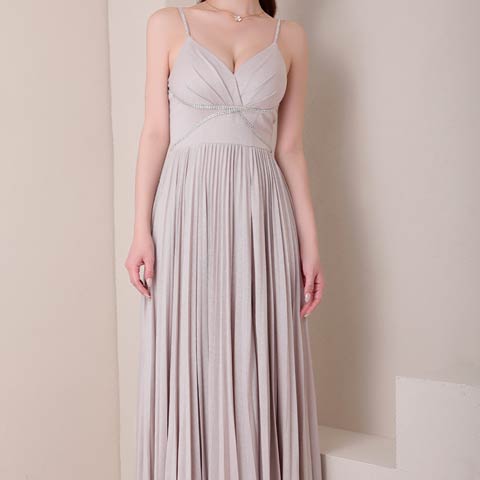 7/15再入荷![GLAMOROUS by Andy]キャミソールビジュースリットラメプリーツAラインロングドレス[GMS-V870](ベージュ-Sサイズ)