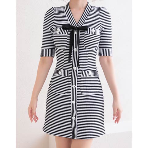 【ポイント20倍】[Andy]オールボーダーVネックリボンタイトミニ丈キャバドレス[AN-OK2747](ブラック-Sサイズ)