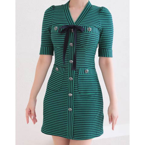【ポイント20倍】[Andy]オールボーダーVネックリボンタイトミニ丈キャバドレス[AN-OK2747](グリーン-Sサイズ)