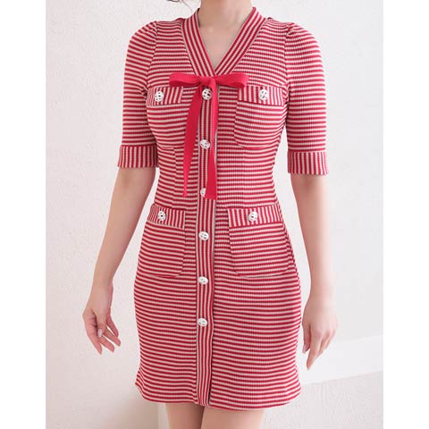 【ポイント20倍】[Andy]オールボーダーVネックリボンタイトミニ丈キャバドレス[AN-OK2747](レッド-Sサイズ)