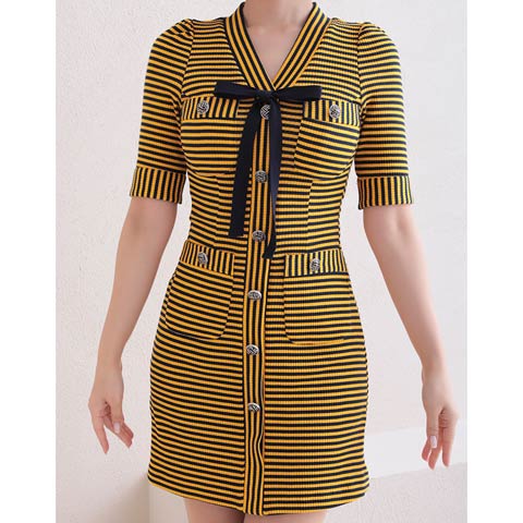 【ポイント20倍】[Andy]オールボーダーVネックリボンタイトミニ丈キャバドレス[AN-OK2747](イエロー-Sサイズ)