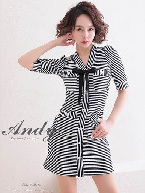 【ポイント20倍】[Andy]オールボーダーVネックリボンタイトミニ丈キャバドレス[AN-OK2747]