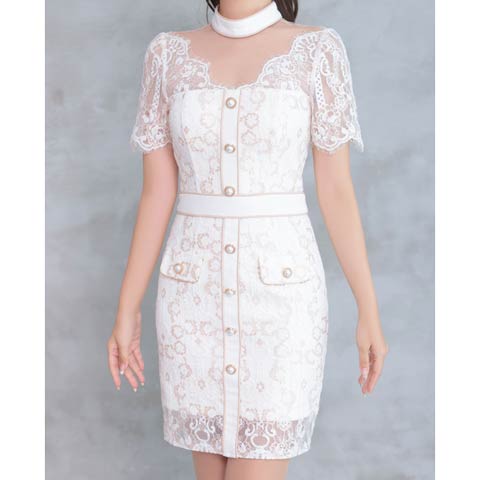 【ポイント20倍】[Andy]ダマスクレースハイネックビジュータイトミニ丈キャバドレス[AN-ON2815](ホワイト-Sサイズ)