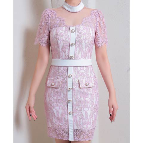 【ポイント20倍】[Andy]ダマスクレースハイネックビジュータイトミニ丈キャバドレス[AN-ON2815](ピンク-Sサイズ)