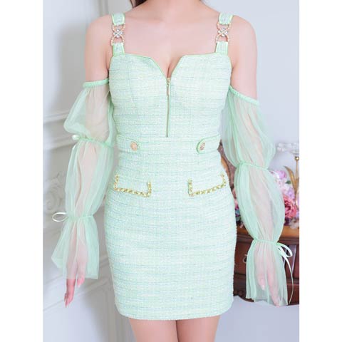 [an]ツイードジップチェーンビジュー2wayチュール袖タイトミニドレス[AOC-3857](ミント-Sサイズ)